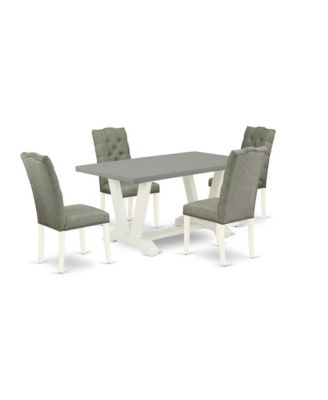 5 Pc Dining Set with Linen Fabric Tufted Chairs and Rectangular Wood Table, High Back Design