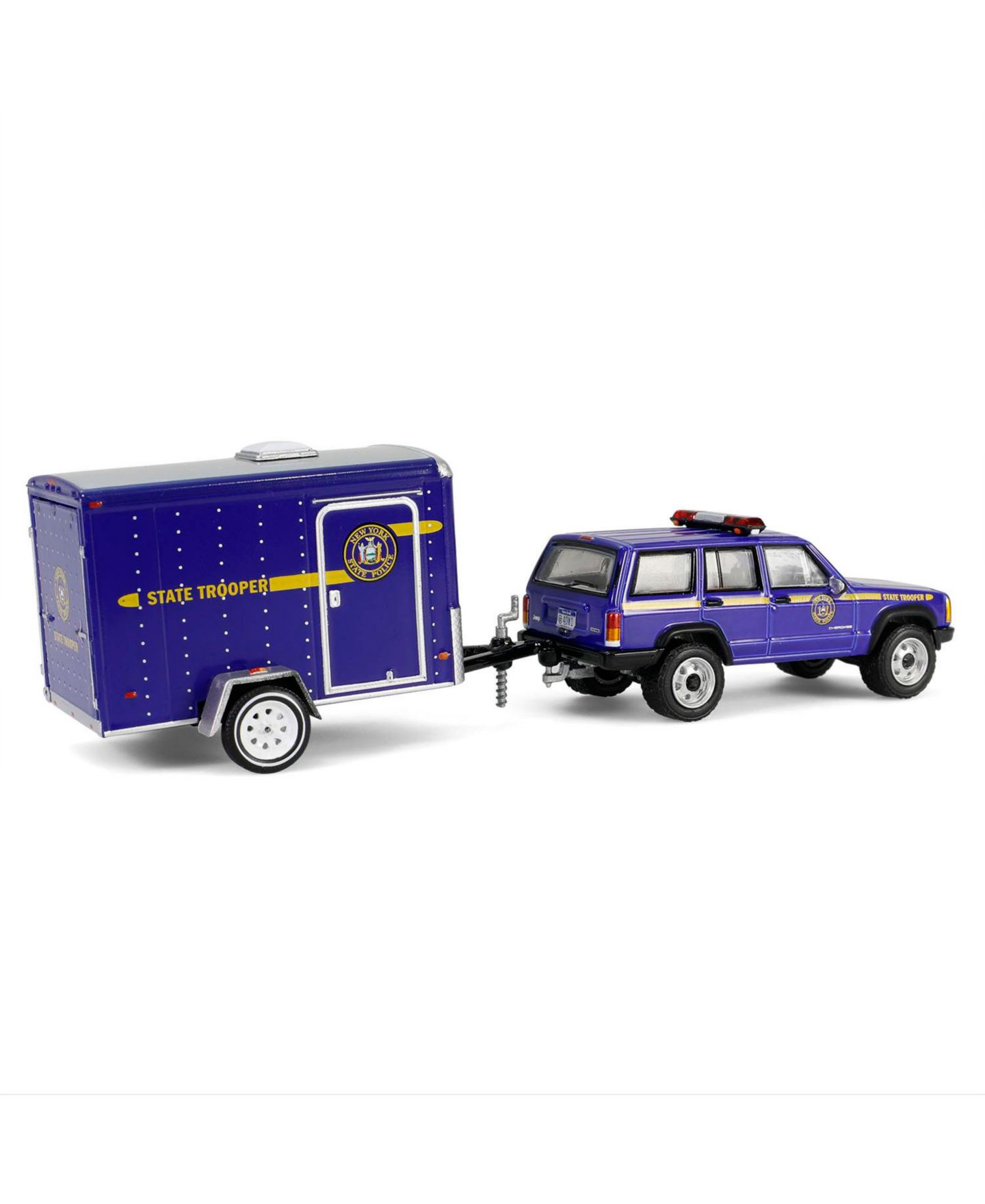 Детские игрушки Greenlight 1/64 2001 Jeep Cherokee Trailer New York State Police Hot Pursuit Tow — фото 2
