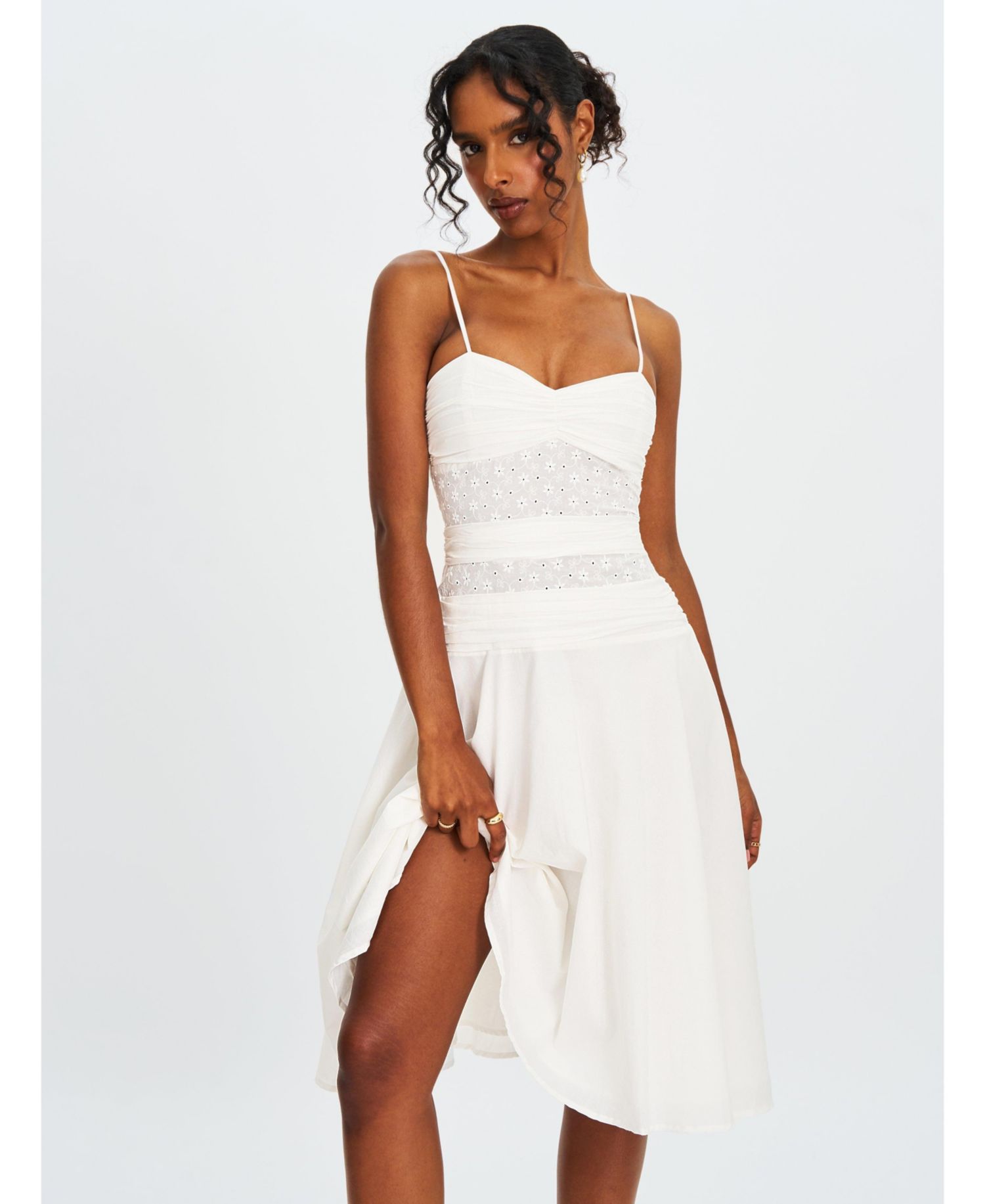 Women's Maelis White Eyelet Drop Waist Cotton Midi Dress