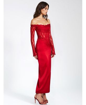 Women's Nessa Red Lace Satin Corset Maxi Dress