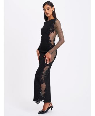 Women's Bailey Lace Trim Crystal Net Cutout Long Sleeve Gown