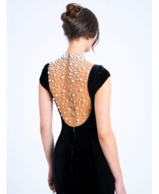 Women Rachael Black Velvet Pearl Embellished Gown