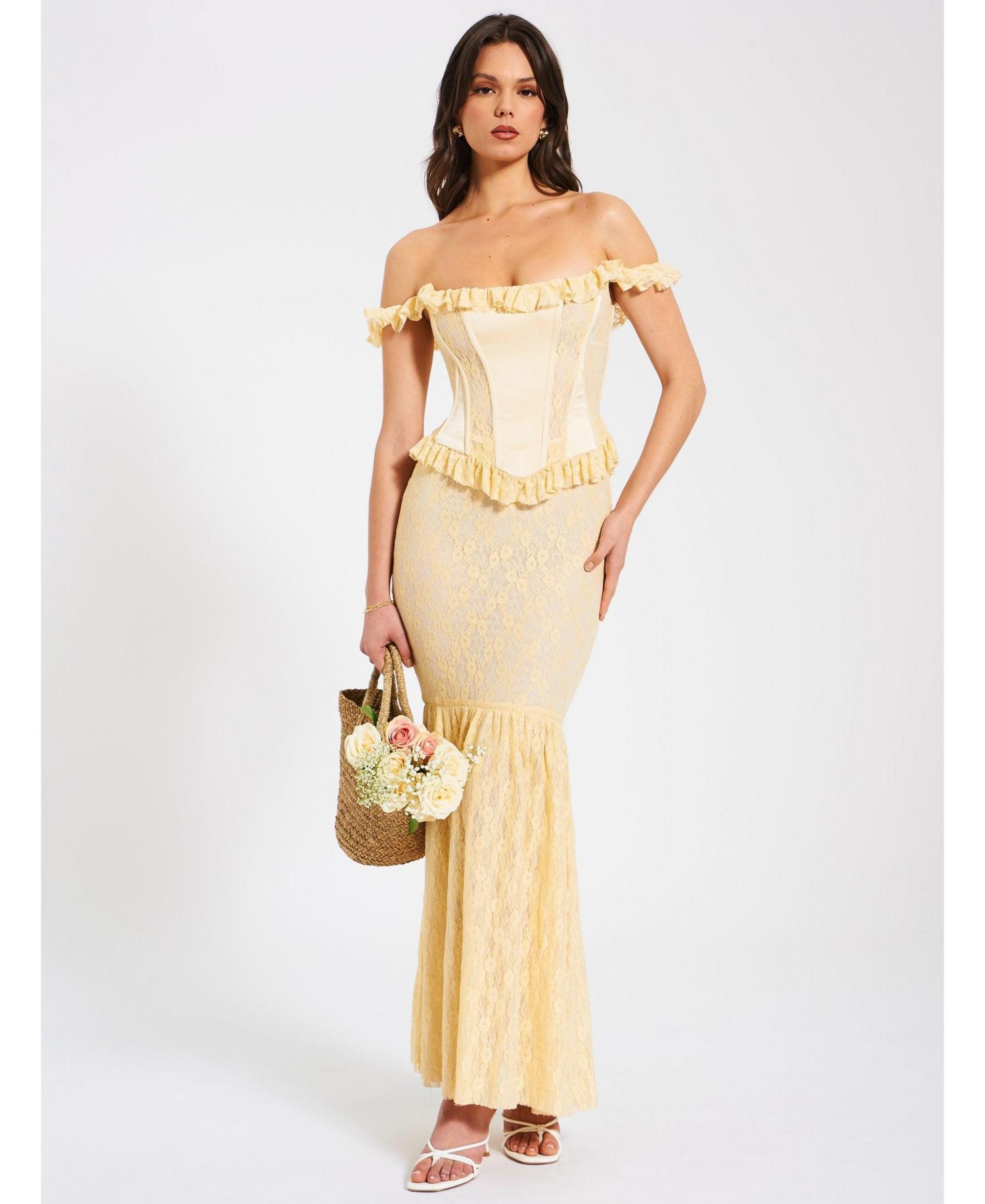 Women's Ersilia Pale Yellow Satin Lace Peplum Corset Off Shoulder Maxi Dress