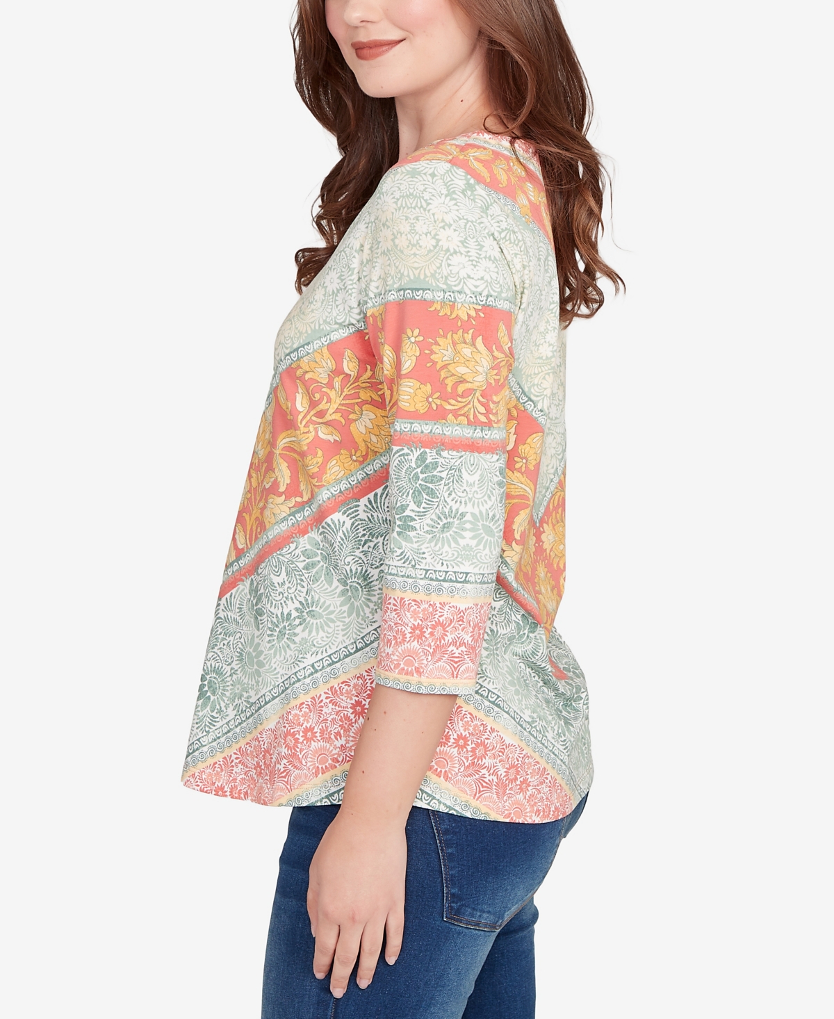 Ruby Rd. Petite Embellished Floral Chevron Knit Top In Green