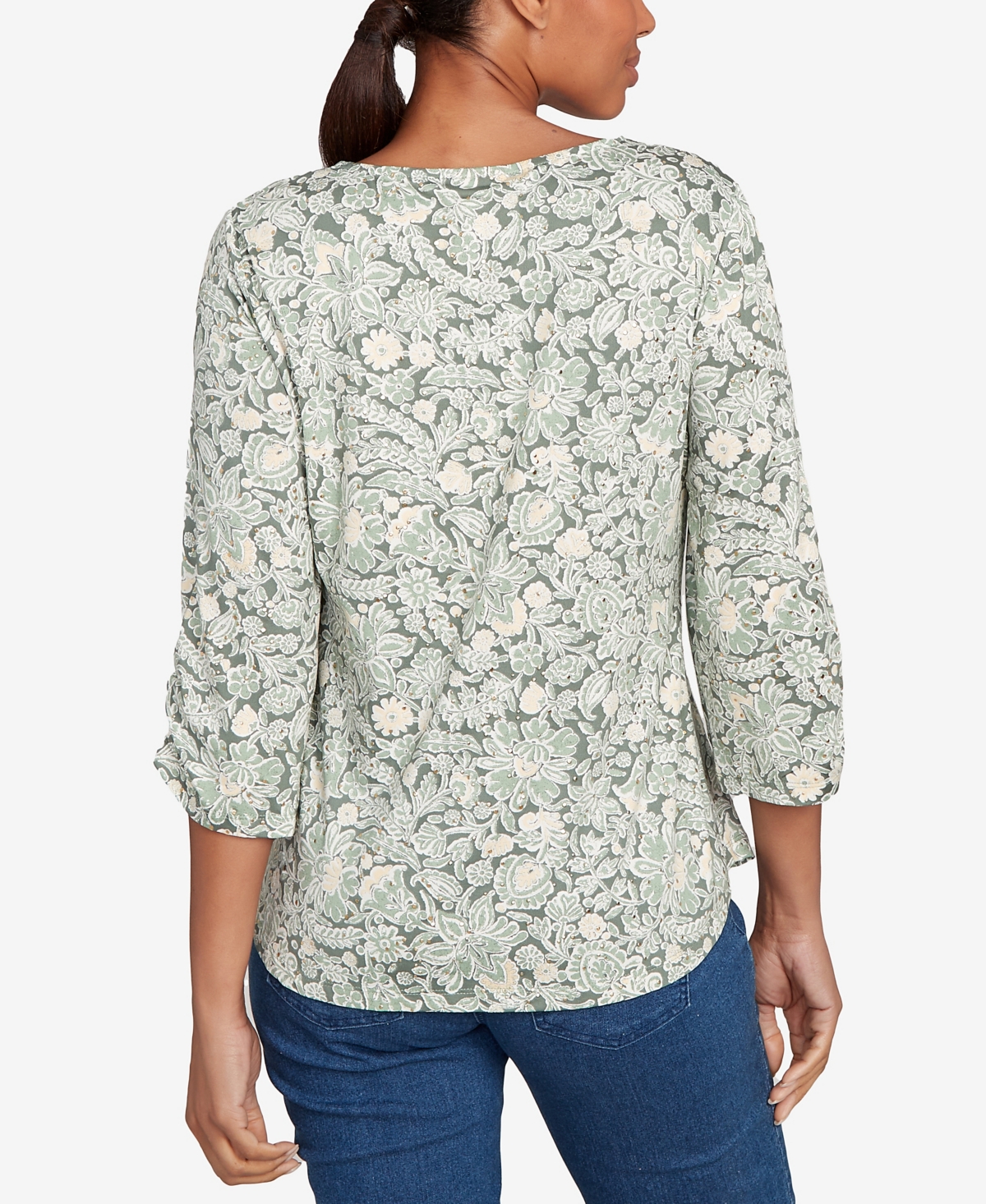 Ruby Rd. Petite Floral Dew Drop Ruched Sleeves Top In Gray
