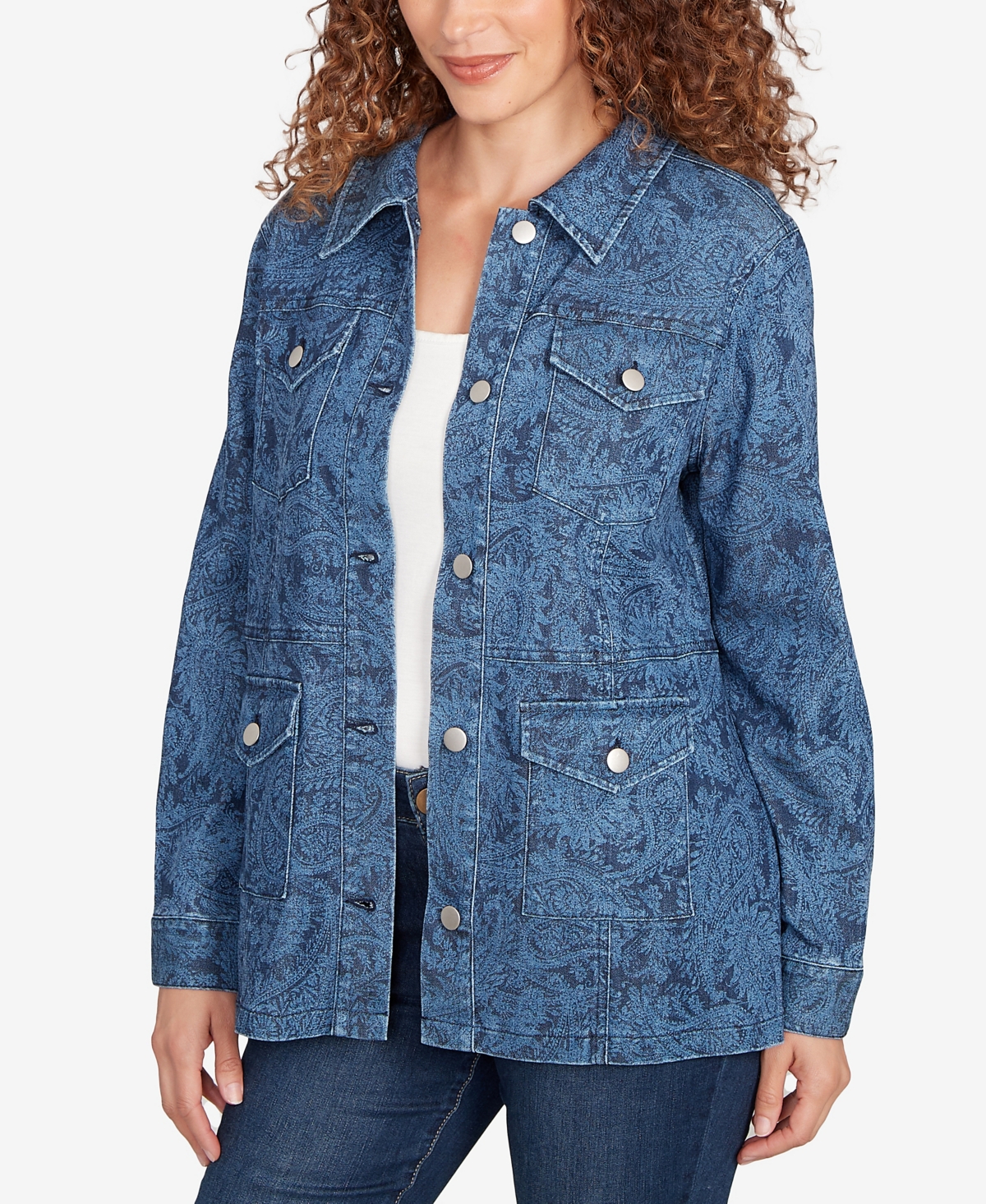 Ruby Rd. Petite Paisley Stretch Denim Utility Jacket In Blue