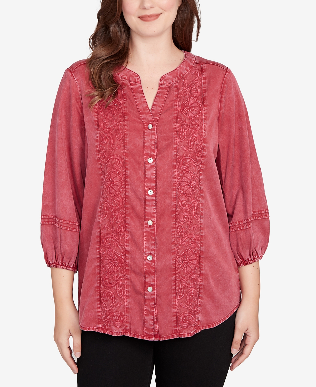 Ruby Rd. Petite Artisan Embroidered Button Front Top In Red