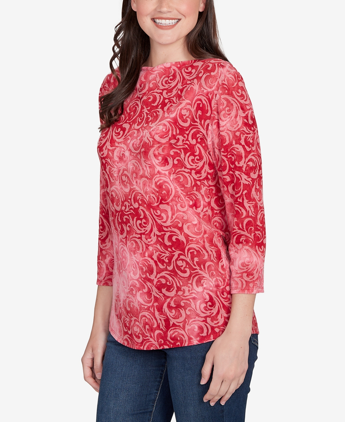 Ruby Rd. Petite Tie Dye Scroll Floral Hatchi Top In Red