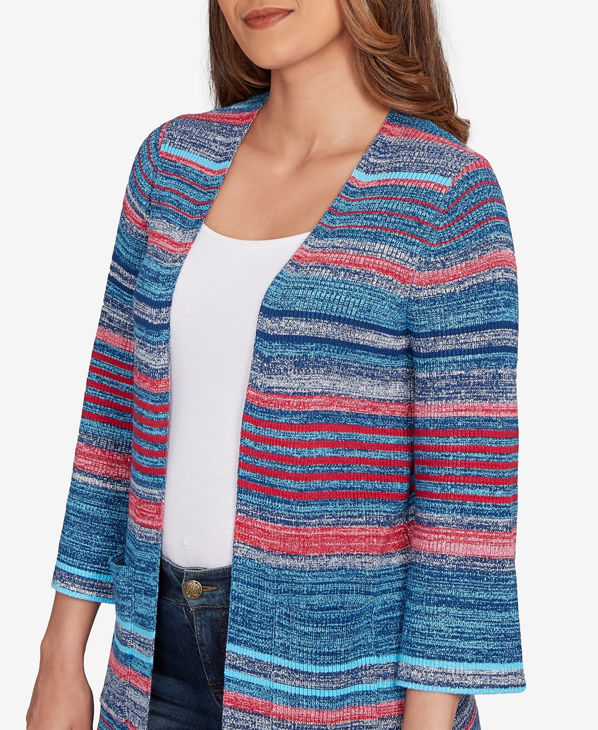 Ruby Rd. Petite Open Ribbed Stripe Front Pocket Cardigan Sweater In Blue