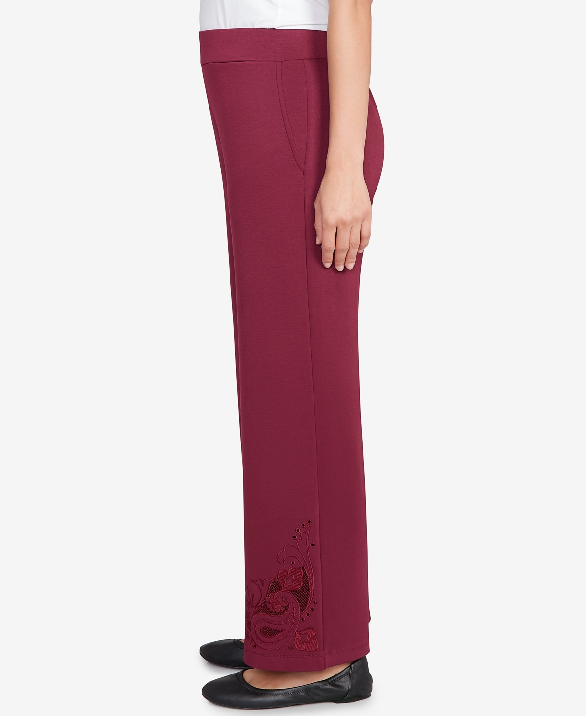 Ruby Rd. Petite Wide Leg Floral Cutout Pants In Red