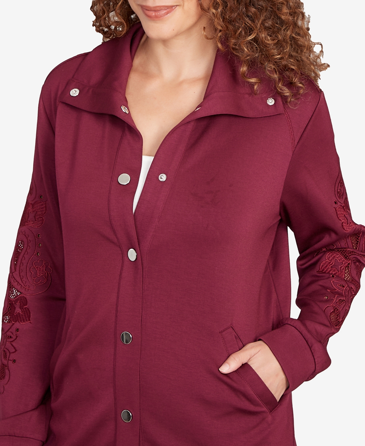 Ruby Rd. Petite Embroidered Floral Cutout Snap Jacket In Red