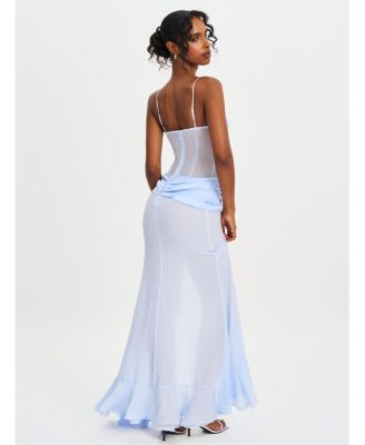 Women Lacy Blue Ruched Breast High Slit Chiffon Dress