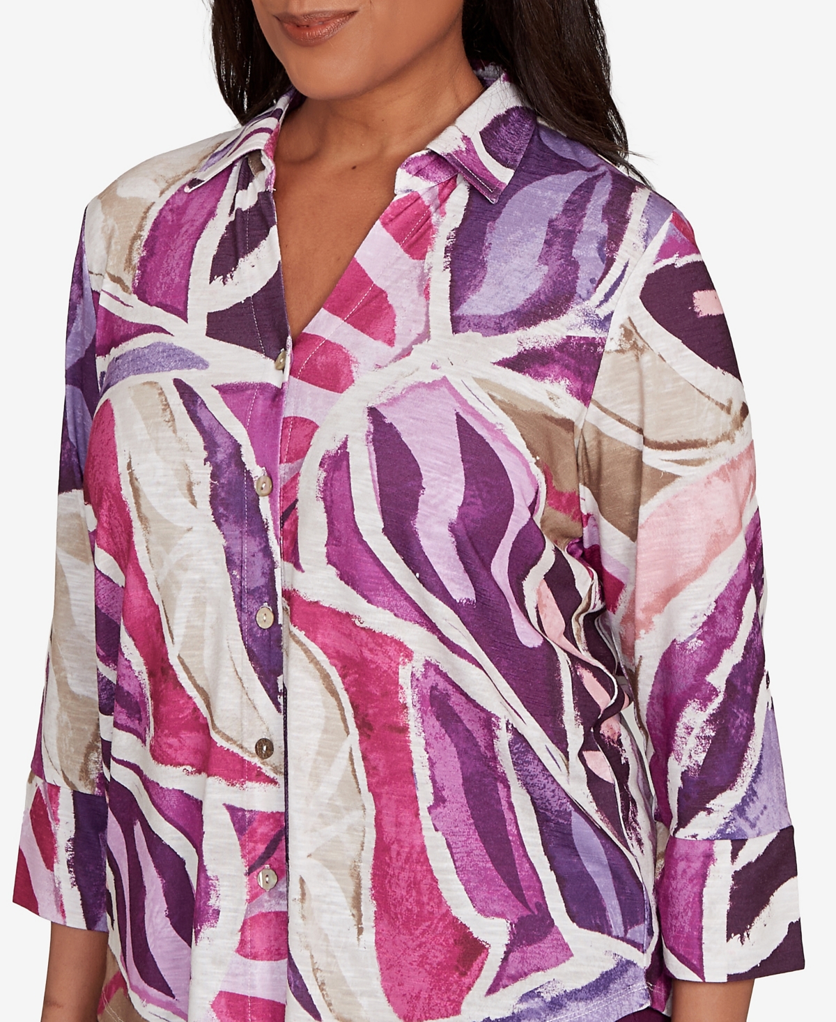 Alfred Dunner Petite Urban Legend Abstract Floral Button Front Top In Multi