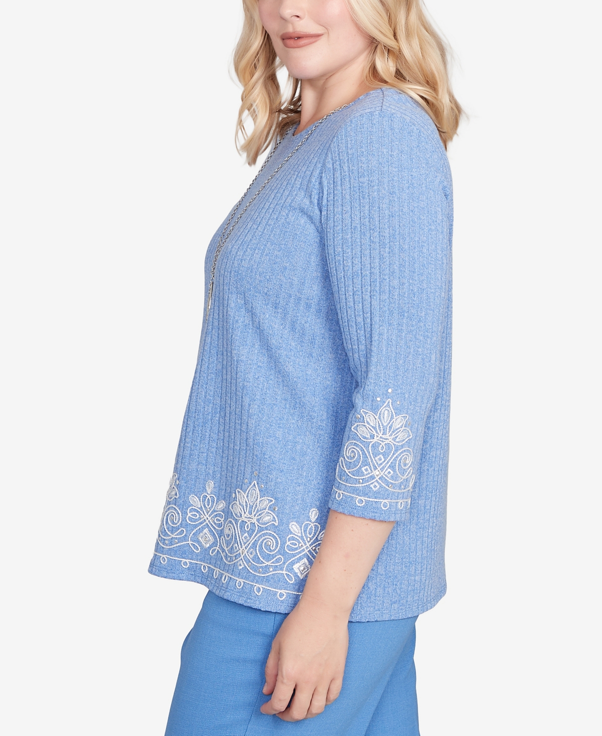 Alfred Dunner Petite Medallion Bordered Periwinkle Top With Necklace In Blue