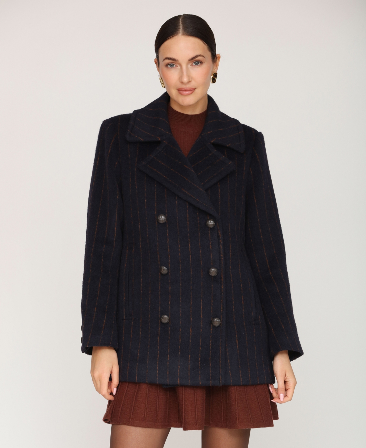 Avec Les Filles Women's Short Double Breasted Wool Pinstripe Coat In Black