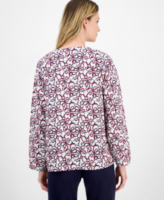 Women's Ribbon-Print Tie-Front Blouse