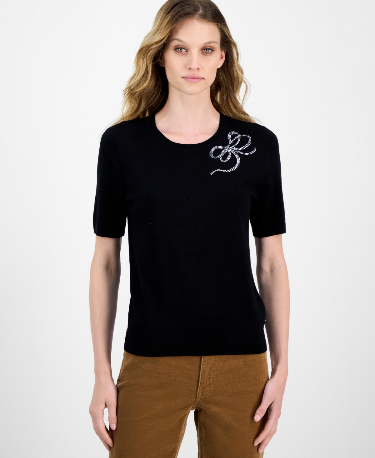 Nautica Jeans Women's Rhinestone-bow Short-sleeve Sweater In Black
