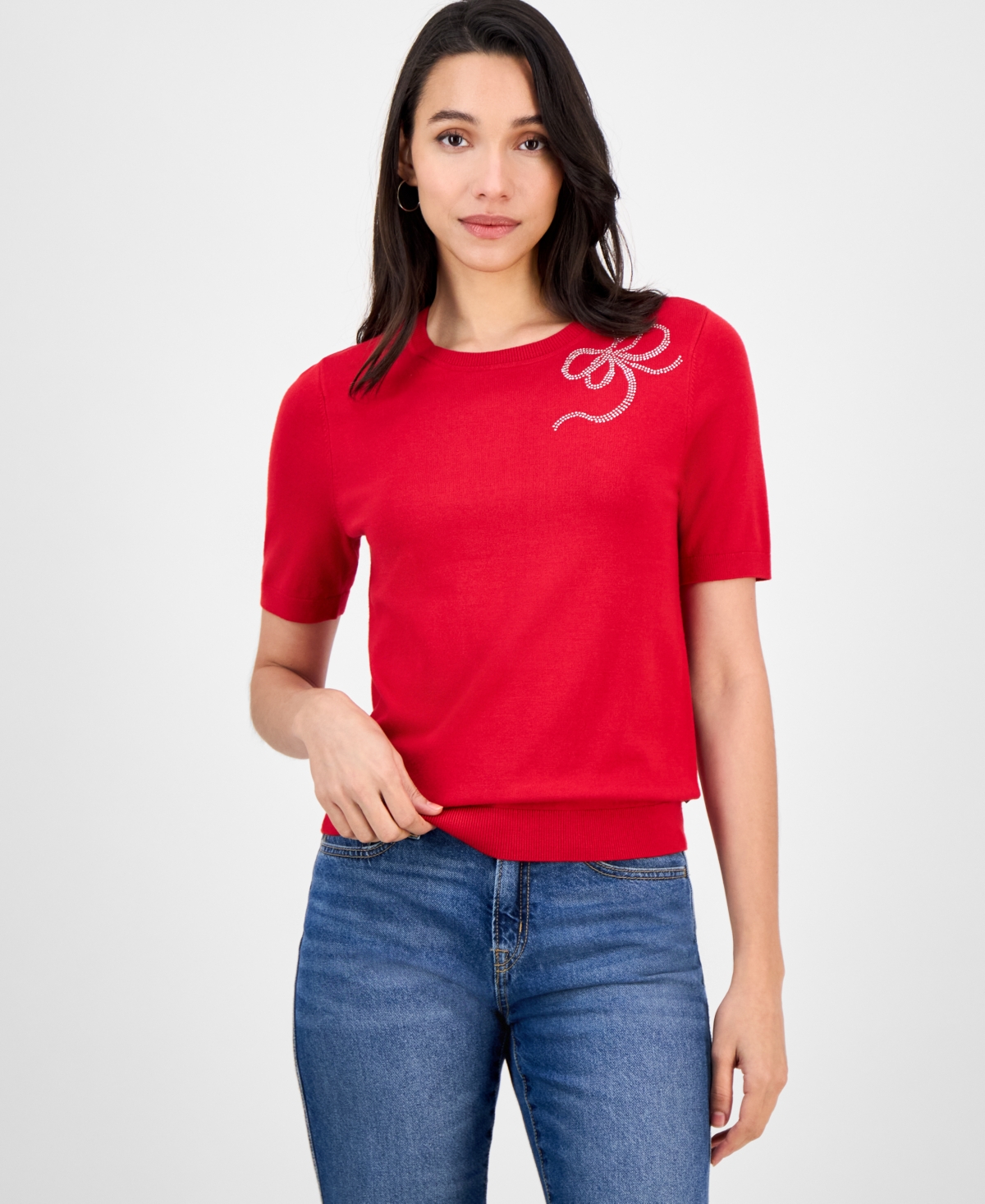 Nautica Jeans Women's Rhinestone-bow Short-sleeve Sweater In Red