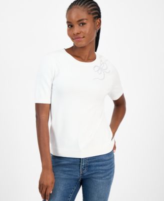 Nautica Women's Rhinestone-Bow Short-Sleeve Sweater
