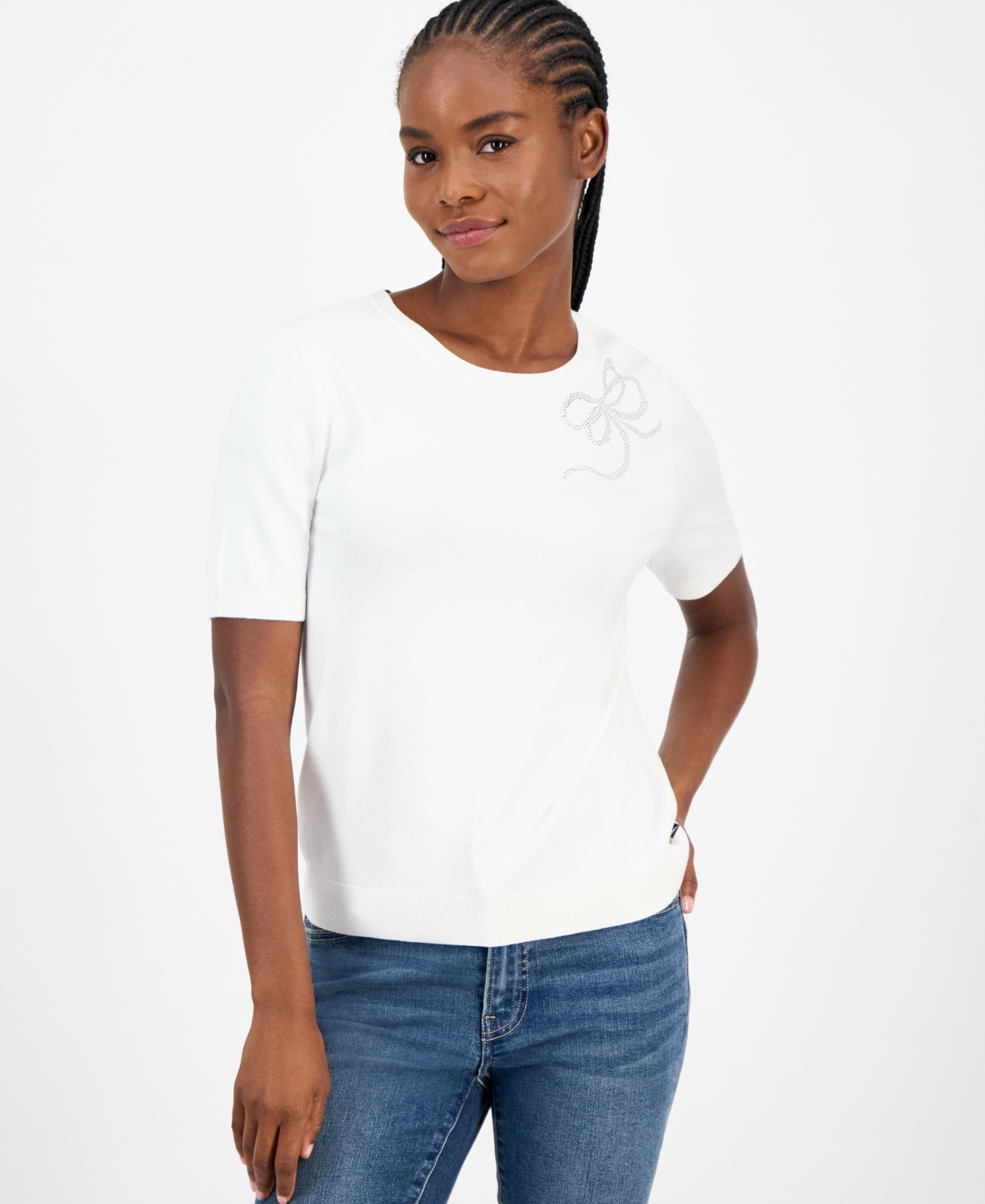 Nautica Jeans Women's Rhinestone-bow Short-sleeve Sweater In White