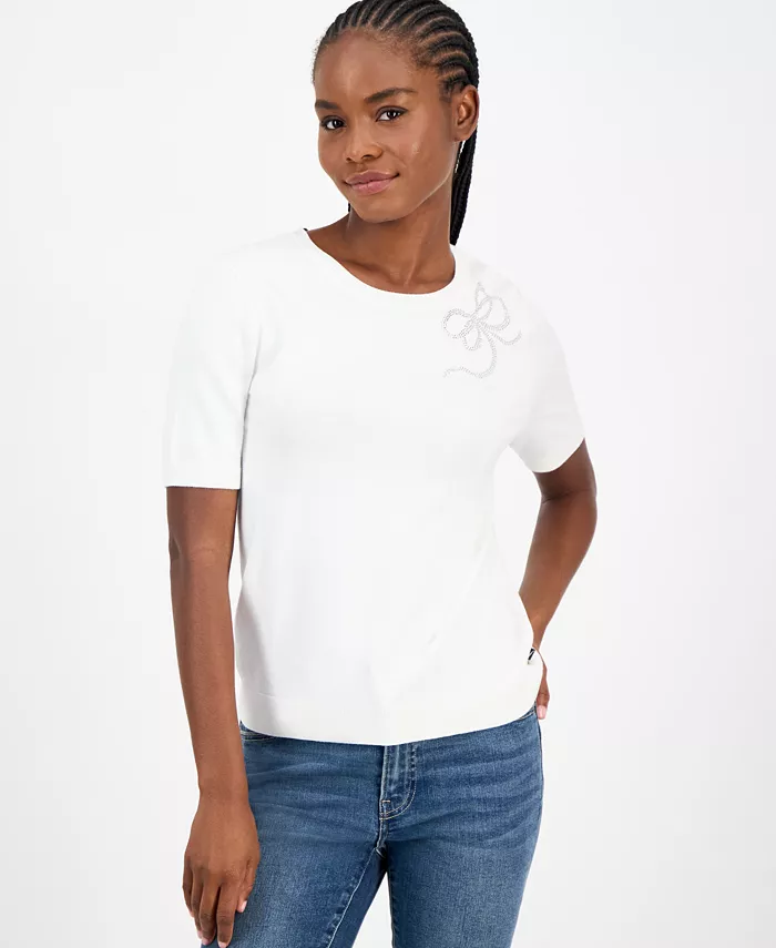 Nautica Women's Rhinestone-Bow Short-Sleeve Sweater