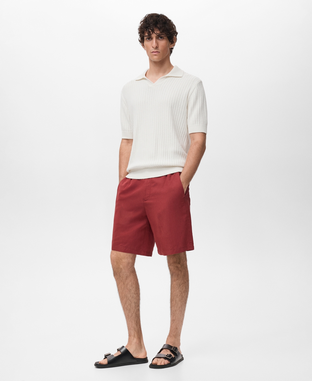 Mango Men's Elastic Waist Linen 9" Bermuda Shorts In Red
