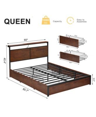 Modern Queen Bed Frame with LED Headboard, 4 Storage Drawers, No Box Spring Needed