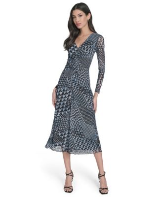 Eliza J - Women's Long-Sleeve Printed-Mesh Midi Dress