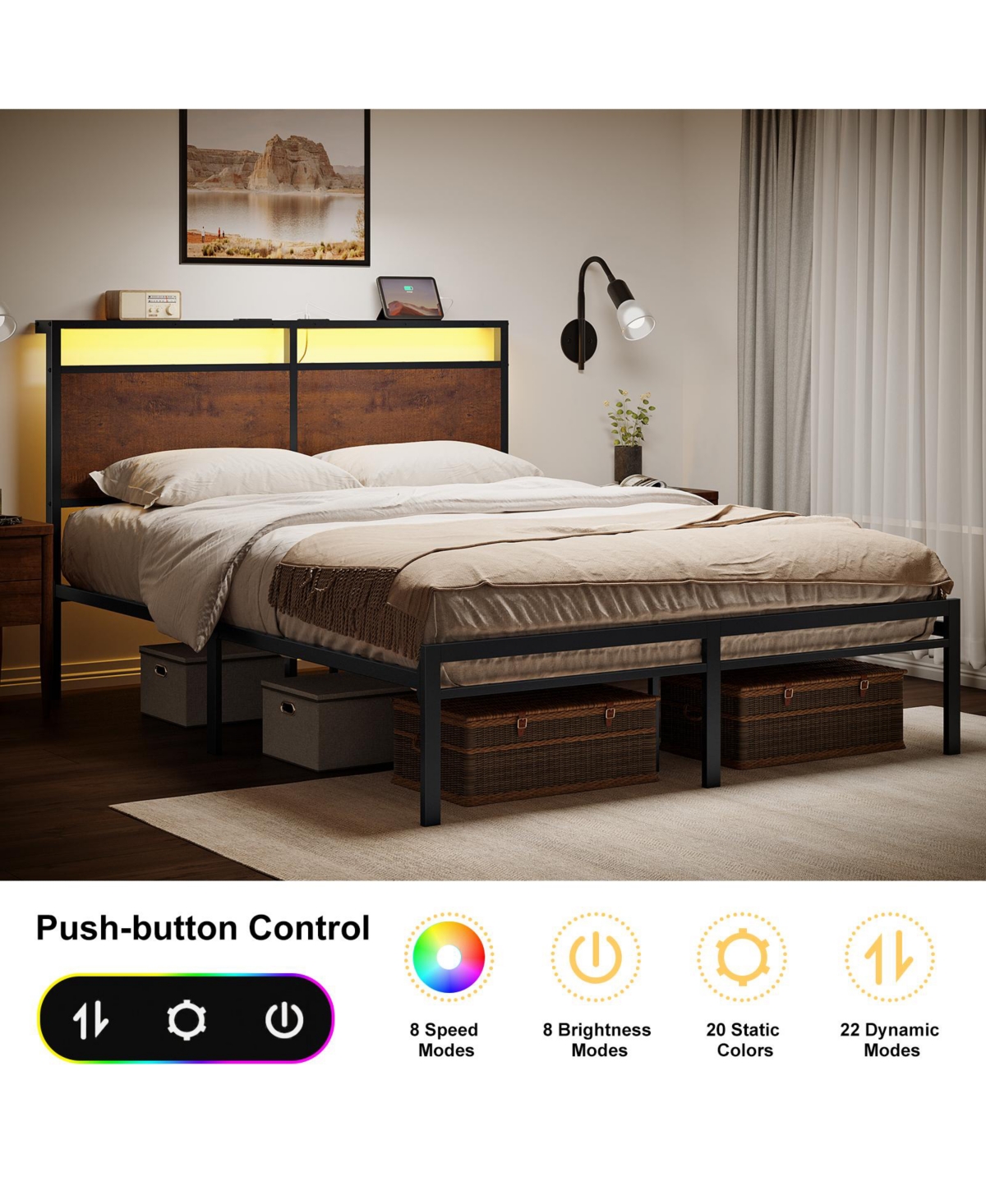 Hausource Vintage Full Size Bed Frame with Storage Led Headboard, No Box Spring Needed