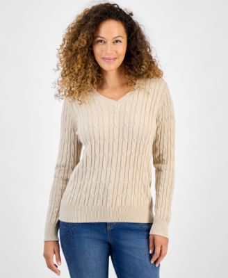 Petite Cotton Cable-Knit V-Neck Sweater
