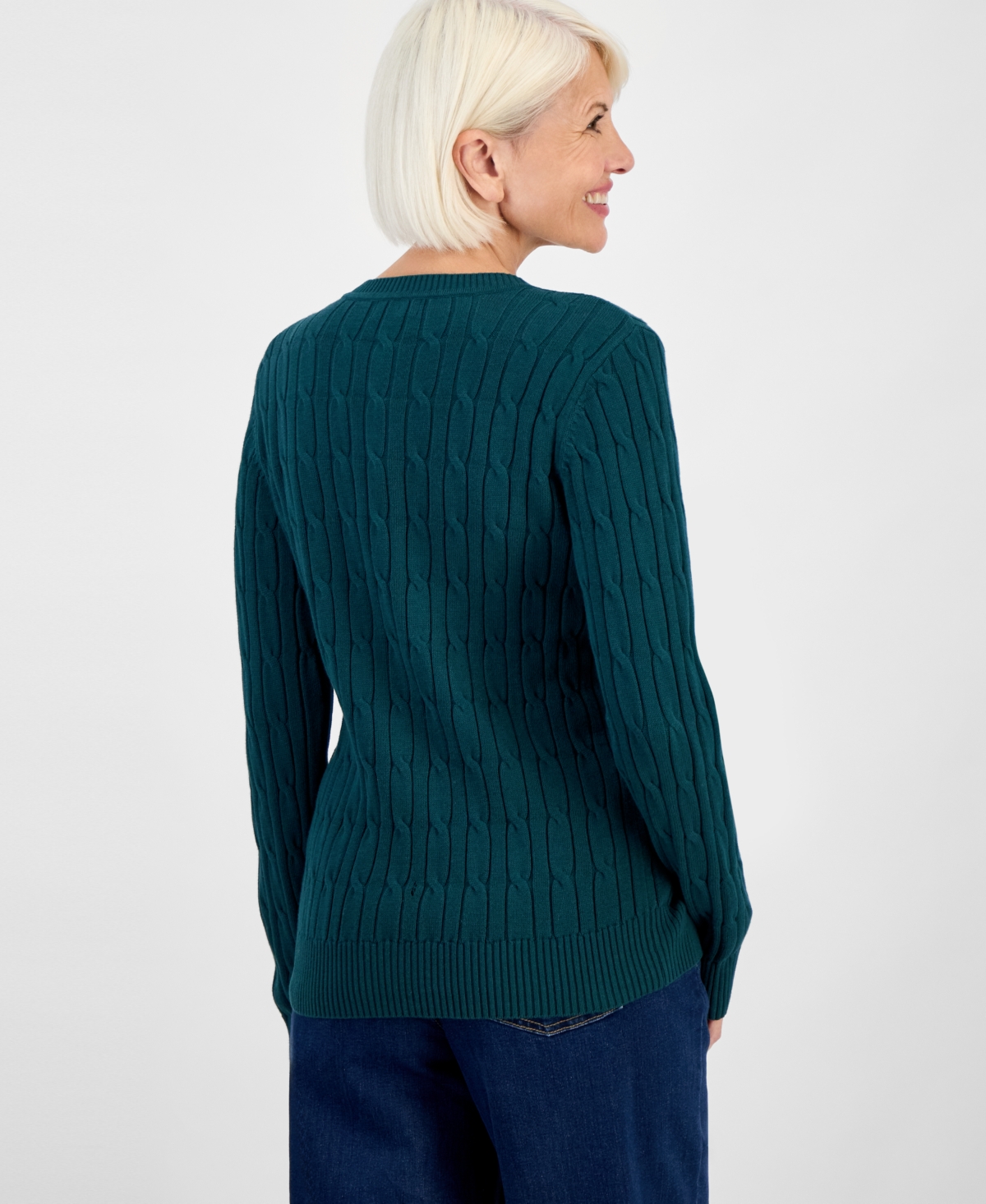 Style & Co Petite Cotton Cable-knit Crewneck Sweater, Created For Macy's In Green