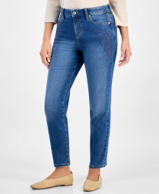 Style & Co - Petite Floral Appliqu&eacute; High-Rise Straight-Leg Jeans