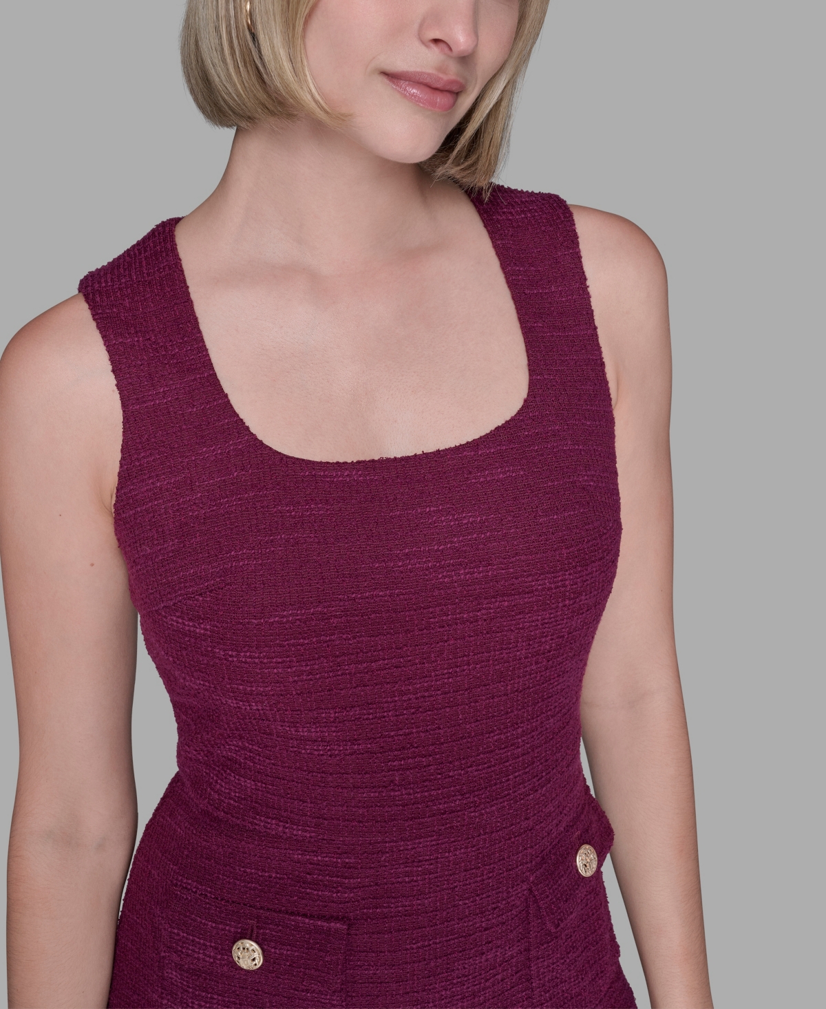 Karl Lagerfeld Textured Tweed Square Neck Mini Dress In Burgundy