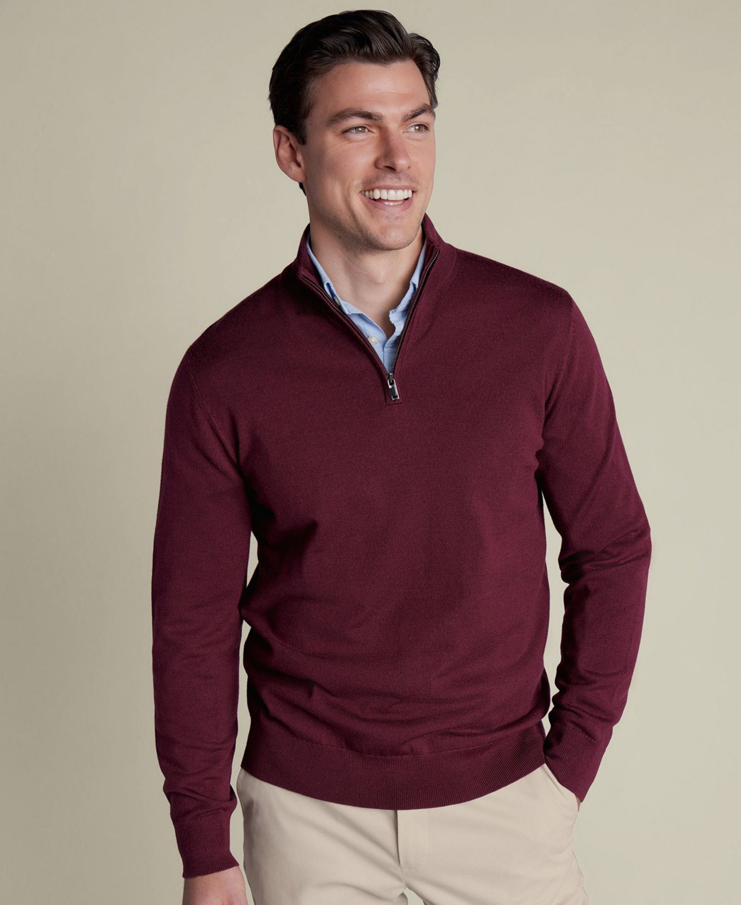 Мужской свитер Charles Tyrwhitt Long-Sleeve Quarter-Zip Merino Wool, цвет: Бордовый красный — фото 1