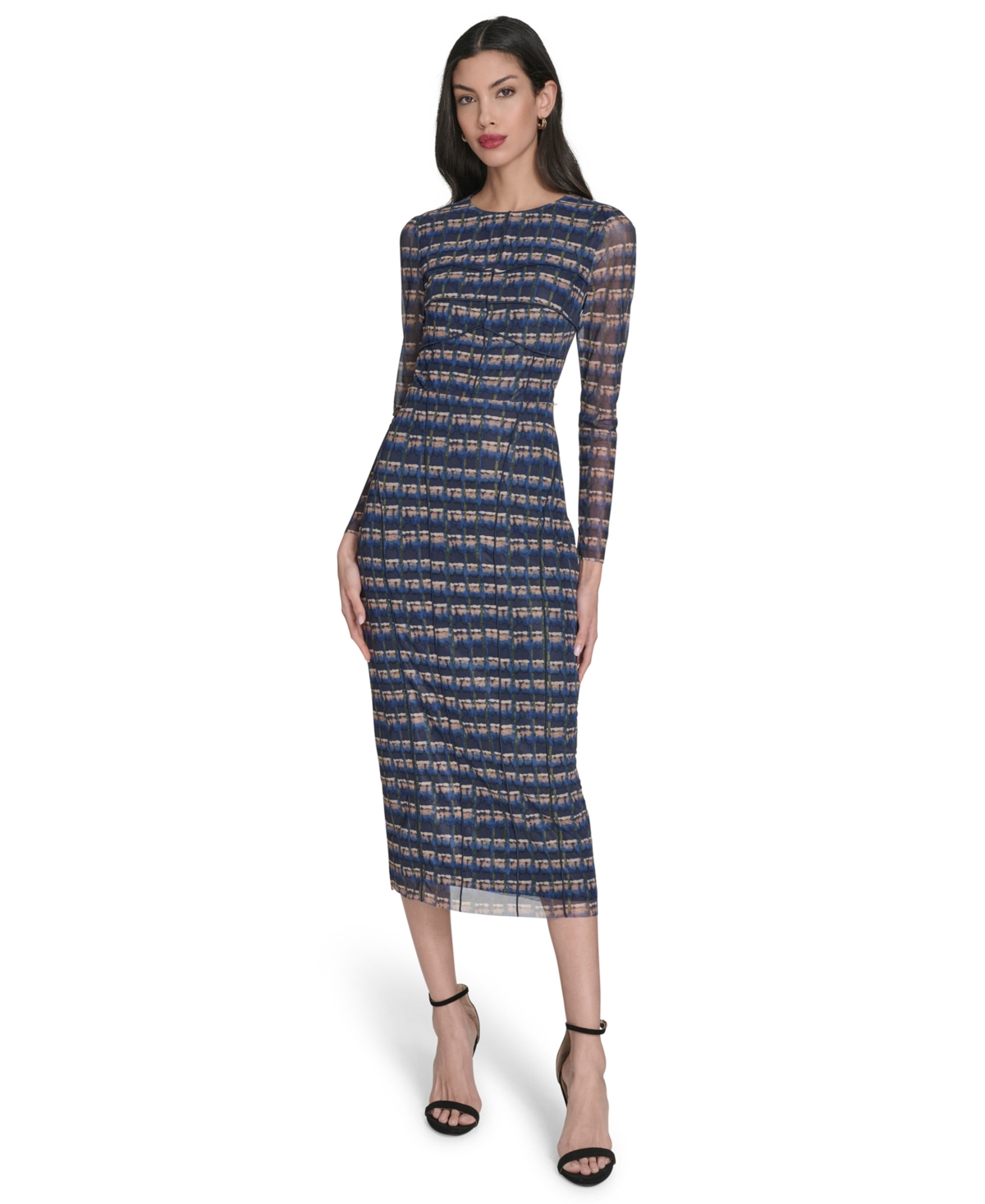 Women's Printed-Mesh Long-Sleeve Bodycon Dress - Blz