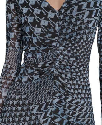 Women's Long-Sleeve Printed-Mesh Midi Dress