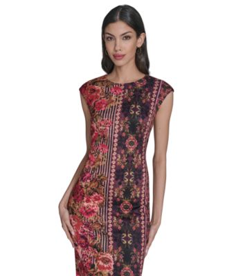 Women's Printed Scuba Extended Sleeve Bodycon  Dress