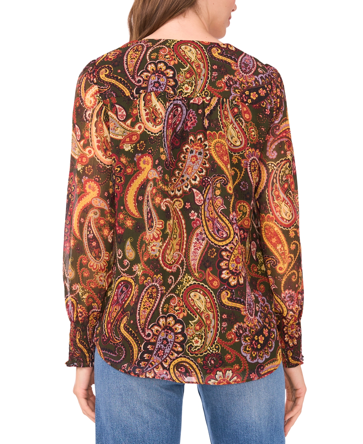 Sam & Jess Petite Smocked Shoulder V-neck Blouse Top In Green