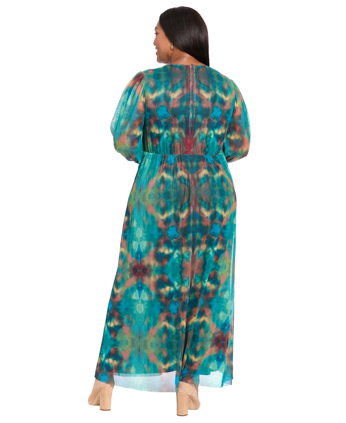 London Times Plus Size Mesh Twist Front Long Sleeve Maxi Dress In Green
