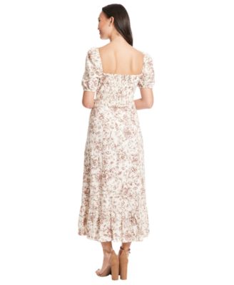 Petite Floral-Print Puff-Sleeve Midi Dress