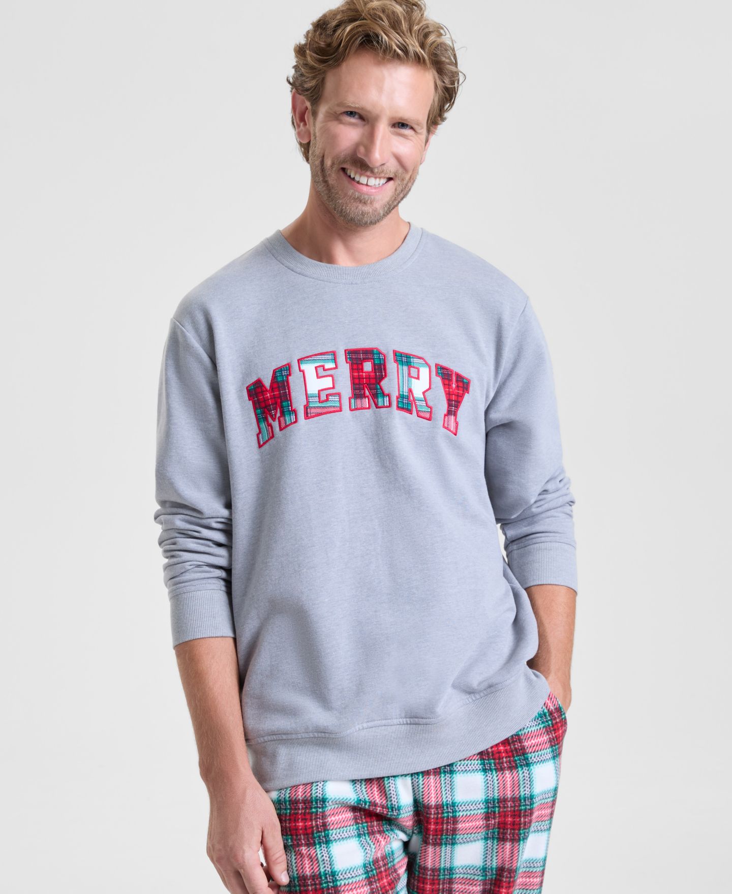 Мужской свитшот Holiday Lane Merry Plaid Appliqué Sweatshirt, цвет: Меланжевый серый — фото 1