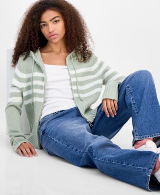 Juniors' Striped Hooded Zippered Sweater