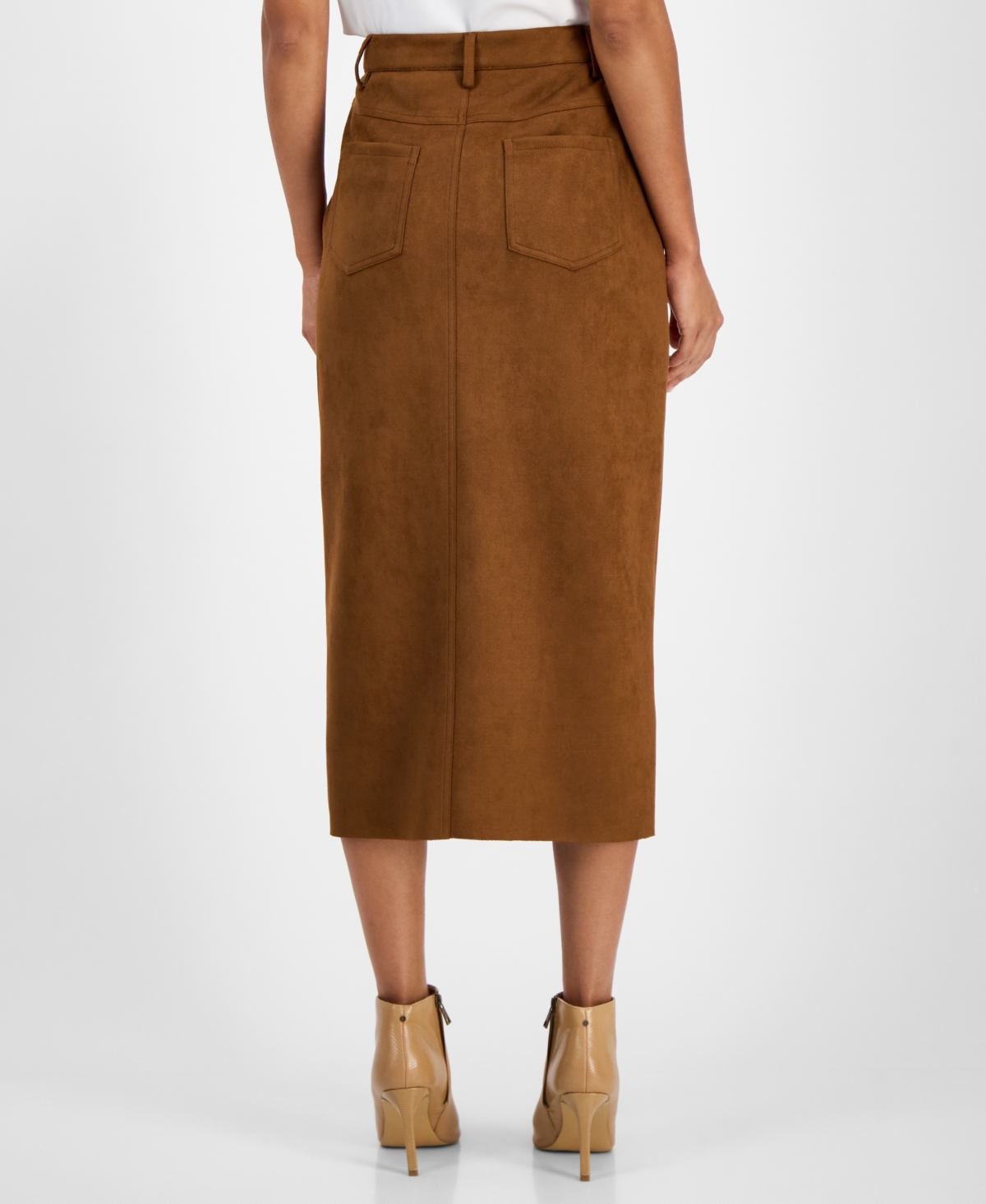 T Tahari Women's Faux-Suede Slit-Front Midi Skirt