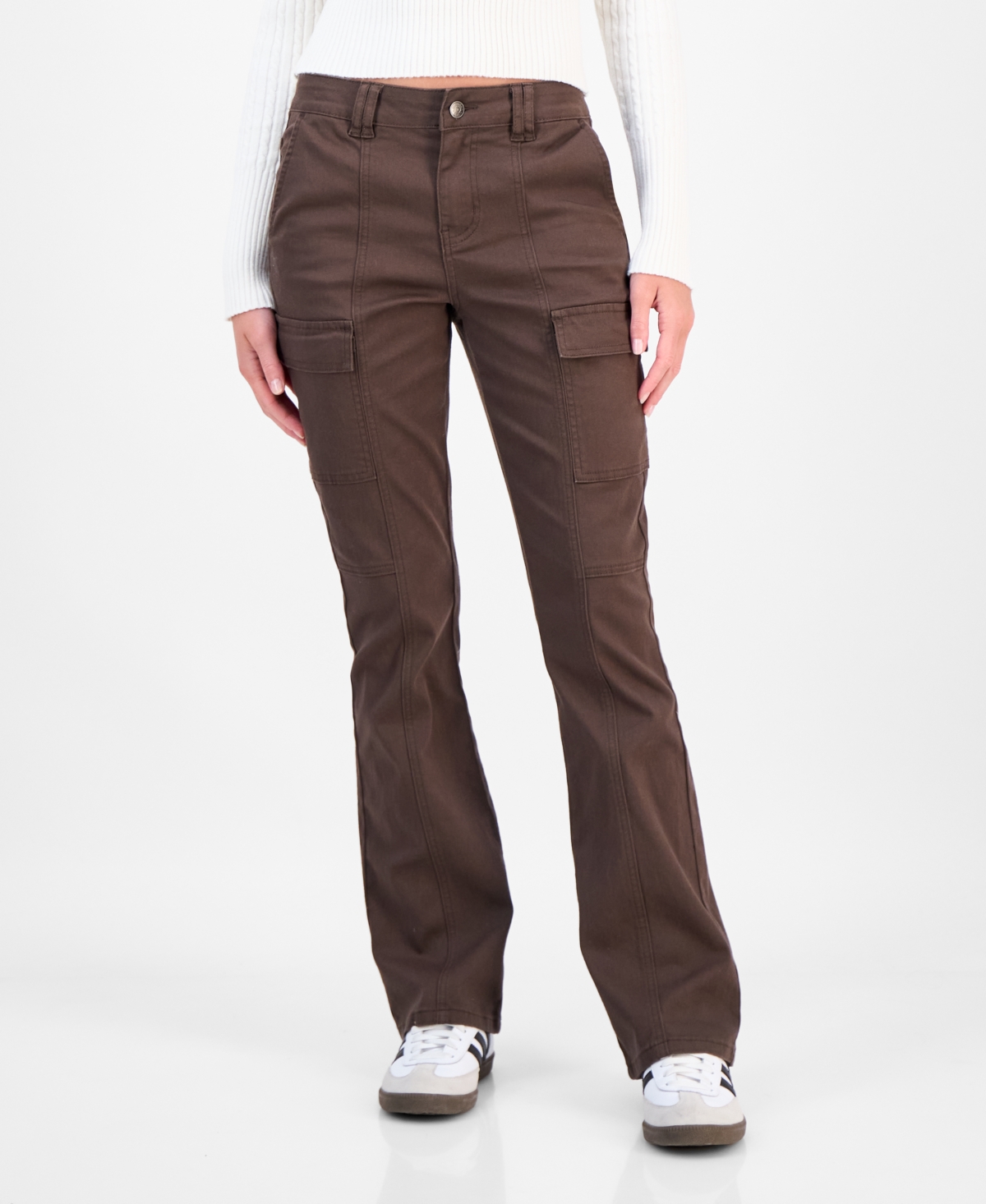 Madden Girl Juniors' High-rise Twill Bootcut Cargo Pants In Brown