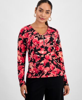 Petite Printed Zip-Front Top, Macy's Exclusive