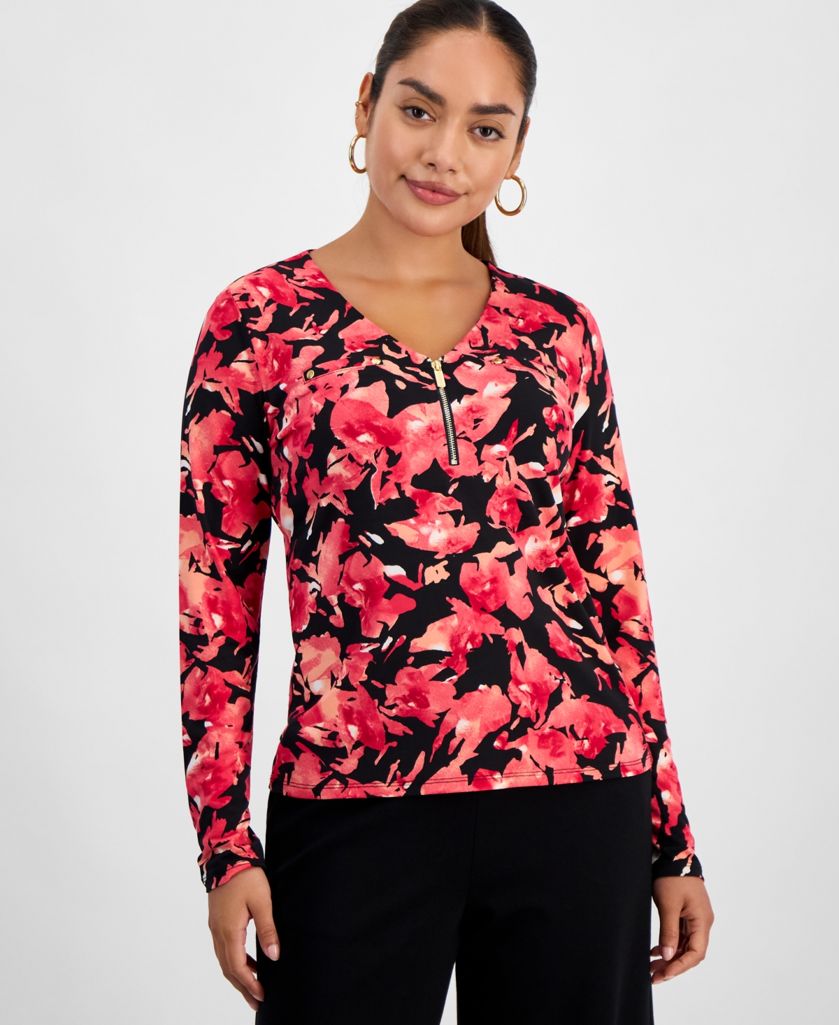 Inc International Concepts Petite Printed Zip-front Top, Macy's Exclusive In Multi