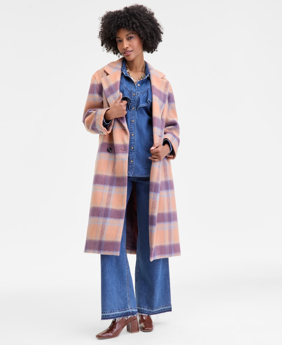 On 34th Women's Brushed Plaid Double-breasted Coat, Macy's Exclusive In Multi