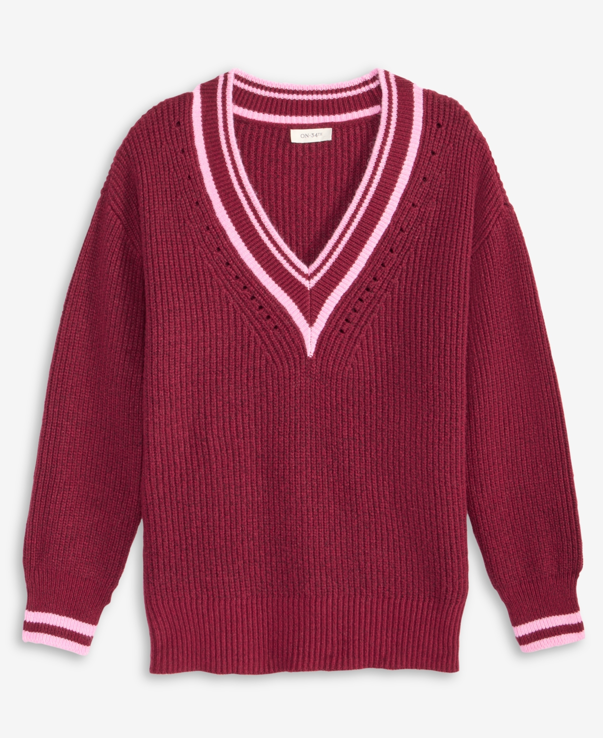 On 34th Women's Varsity Tipped V-neck Sweater, Macy's Exclusive In Burgundy