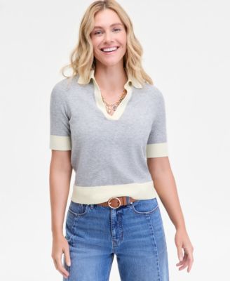 Women's Colorblocked Polo Short Sleeve Sweater