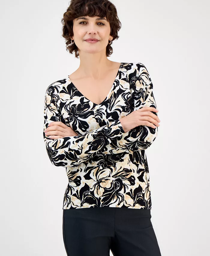 Women's Floral V-Neck Long-Sleeve Sweater Top